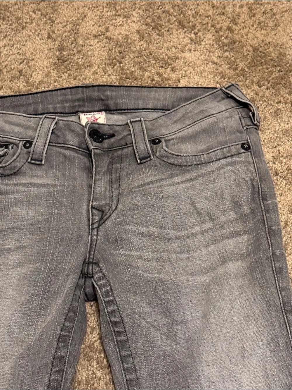 True Religion Jean Shorts Mens 30 Gray Denim 12'' Inseam Pockets Logo